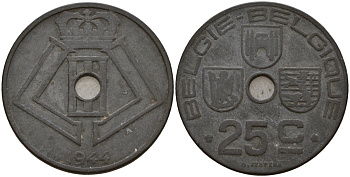 Бельгия 25 сантимов 1944 Belgie - Belgique, Леопольд III (1934-1947), германская оккупация, Вторая мировая война KM 132 цинк 4157-635