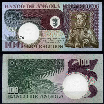 Ангола 100 эскудо 1973 10 июня 1973, Луис де Камоэнс, подпись 10 Pick 106 бумага UNC (пресс) 2197-1-1-1