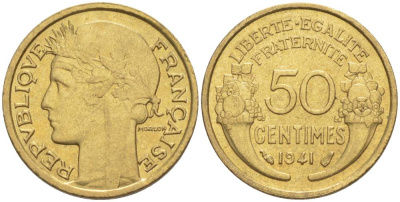 ФРАНЦИЯ 50 САНТИМОВ 1941 ТИП MORLON KM 894.1, LE FRANC 192.18 алюминиевая бронза 44-563