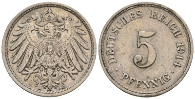 Германия 5 пфеннигов 1914 A, KM 11, J. 12 медно-никель 220-723