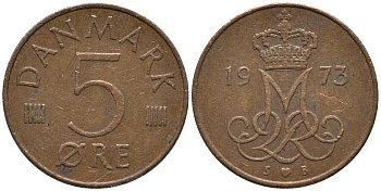 Дания 5 эре 1973 S; B, Маргрете II (1972- ) KM 859.1 железо плакированное медью 116-142