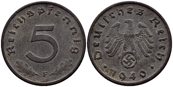 ГЕРМАНИЯ 5 РЕЙХСПФЕННИГОВ 1940 F, KM 100, J. 370 цинк 4392-418