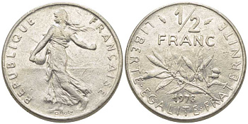 ФРАНЦИЯ 1/2 ФРАНКА 1978 СЕЯТЕЛЬ KM 931.1, LE FRANC 198.17 никель 175-955