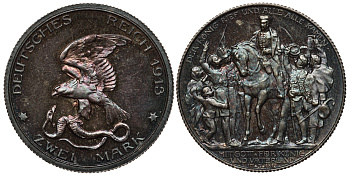 Пруссия 2 марки 1913 A, Вильгельм II (1888-1918), 100 лет победы над Наполеоном J.109, Weege 109, KM 532 серебро PROOF 413-6711