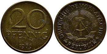 ГДР 20 пфеннигов 1969 А, первый год KM 11 латунь UNC 4398-1141