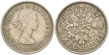Великобритания 6 пенсов 1957 Елизавета II (1952-2022) KM 903, Spink 4149 медно-никель 192-232