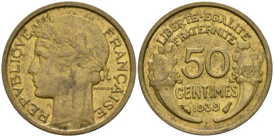 Франция 50 сантимов 1939 тип Morlon KM 894.1, Le Franc 192.15 алюминиевая бронза 53-138