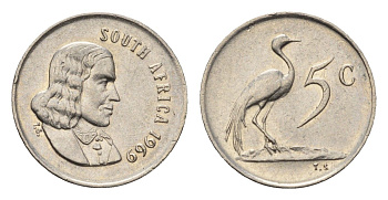 ЮАР 5 центов 1969 Ян ван Рибек (1619-1677), South Africa, легенда на англинском, райский журавль KM 67.1 медно-никель 4694-413