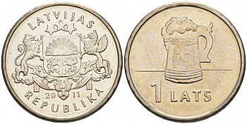 Латвия 1 лат 2011 пивная кружка KM 119 медно-никель UNC M15-09