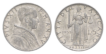 Ватикан 5 лир 1953 KM 51 алюминий aUNC 4632-915