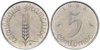 ФРАНЦИЯ 5 САНТИМОВ 1963 ПЯТАЯ РЕСПУБЛИКА KM 927, LE FRANC 124.5 хромированная сталь 105-427