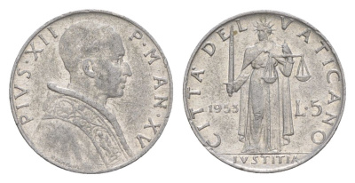 Ватикан 5 лир 1953 KM 51 алюминий aUNC 4632-915