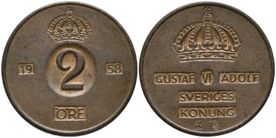 Швеция 2 эре 1958 TS, Густав VI Адольф (1950-1973) KM 821 бронза 202-636