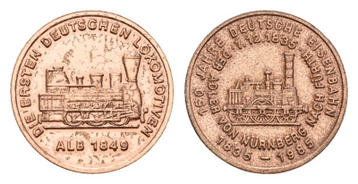 ФРГ медаль из серии 150 лет немецким железным дорогам - локомотив Алб 1849 1985 диаметр 18 мм, вес 2,3 гр алюминий плакированный медью 4644-933