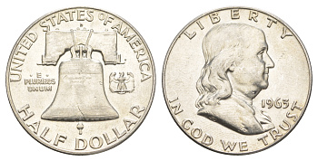 США 1/2 доллара (50 центов) 1963 Бенджамин Франклин, колокол KM 199 серебро  aUNC  4574-416