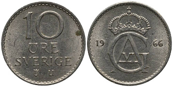 Швеция 10 эре 1966 U Густав VI Адольф (1950-1973) KM 835 медно-никель 218-325