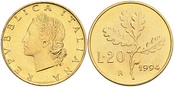 Италия 20 лир 1994 R, дубовый лист KM 97.2 алюминиевая бронза  UNC  4594-866