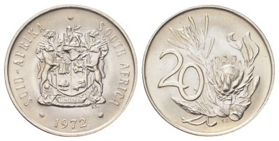 ЮАР 20 центов 1972 герб, цветок протея KM 86 никель UNC 4695-1111