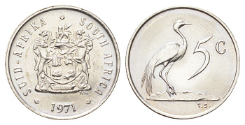 ЮАР 5 центов 1971 герб, райский журавль KM 84 никель UNC 4696-954