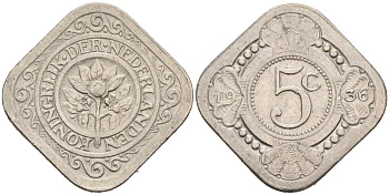 Нидерланды 5 центов 1936 Вильгельмина (1890-1948) KM 153 медно-никель 4575-844