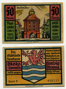 СТОЛП (СЛУЦК ПОЛЬША) 50 ПФЕННИГОВ 1922 НОТГЕЛЬД, Grabowski 1275.1 бумага aUNC 8589-18-2-2