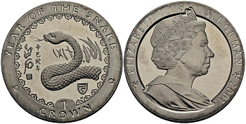 Остров Мэн 1 крона 2001 год змеи КМ 1062 медно-никель UNC M91-18