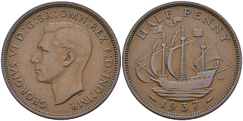 Великобритания 1/2 пенни 1937 Георг VI (1936-1952) KM 844, Spink 4115 бронза 4153-817