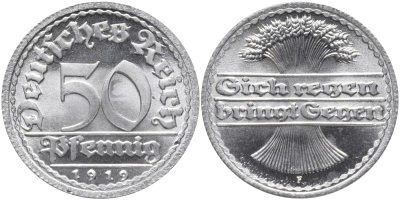 ГЕРМАНИЯ 50 ПФЕННИГОВ 1919 F, САМАЯ РЕДКАЯ МОНЕТА ЭТОГО ТИПА KM 27, J. 301 алюминий UNC 413-3934