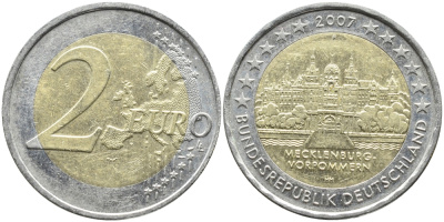 ФРГ 2 евро 2007 F, серия федеральные земли, Мекленбург-Передняя Померания, Шверинский замок KM 260 биметалл 4681-626