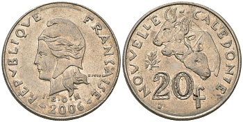 Французская Новая Каледония 20 франков 2006 три быка, (IEOM) KM 12a, Schoen 14a медно-никель 4131-744