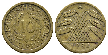 ГЕРМАНИЯ 10 РЕНТЕНПФЕННИГОВ 1924 A KM 33, J. 309, Weege 8 алюминиевая бронза 4380-941