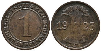 ГЕРМАНИЯ 1 РЕНТЕНПФЕННИГ 1923 А KM 30, J. 306 бронза 39-828