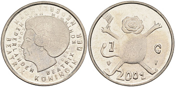 Нидерланды 1 гульден 2001 прощай гульден, детский рисунок, лев с флагом в руках KM 233 никель UNC 4116-112