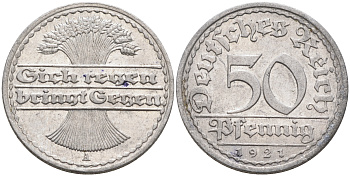 Германия 50 пфеннигов 1921 A KM 27, J.301, Weege 10 алюминий    4589-223