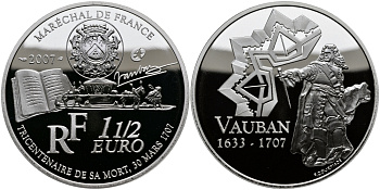 Франция 1 1/2 евро 2007 300 лет со дня смерти военного инженера Себастьена де Вобана KM 1462 серебро PROOF 1095-3-41
