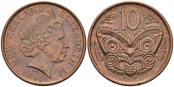 Новая Зеландия 10 центов 2006 маска Маори, Елизавета II (1952-) KM 117а сталь плакированная медью 175-322