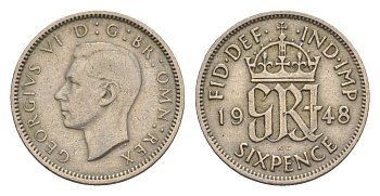 Великобритания 6 пенсов 1948 Георг VI (1936-1952) KM 862, Spink 4105 медно-никель 4615-266