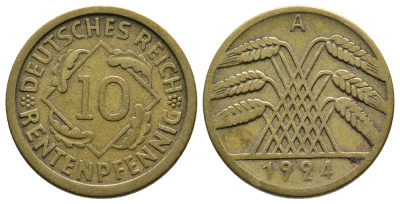 ГЕРМАНИЯ 10 РЕНТЕНПФЕННИГОВ 1924 A KM 33, J. 309, Weege 8 алюминиевая бронза 4380-941