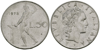 Италия 50 лир 1975 R, бог огня Вулкан у наковальни KM 95.1 нержавеющая сталь 4138-611