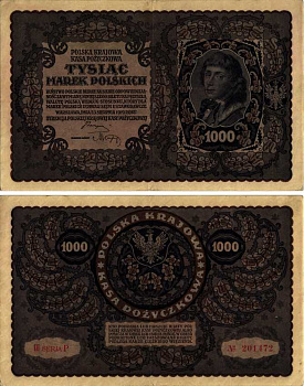 ПОЛЬША 1000 МАРОК 1919 23 АВГУСТА 1919, ТРЕТИЙ ВЫПУСК, ПОРТРЕТ КОСТЮШКО Pick 29 бумага XF 8607-37-1