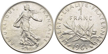 ФРАНЦИЯ 1 ФРАНК 1961 СЕЯТЕЛЬ KM 925.1, LE FRANC 226.6 никель 175-521
