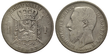 БЕЛЬГИЯ 1 ФРАНК 1887 ЛЕОПОЛЬД II (1865-1909), BELGEN, РАЗНОВИДНОСТЬ С ТОЧКОЙ В ПОДПИСИ KM 29.1 серебро 3896-932