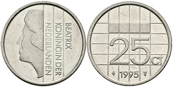 НИДЕРЛАНДЫ 25 ЦЕНТОВ 1995 БЕАТРИКС KM 204 никель 96-329