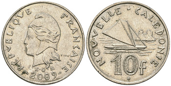Французская Новая Каледония 10 франков 2009 рыбачья парусная лодка, (IEOM) KM 11a, Schoen 13a, Lec 99k медно-никель 60-1246