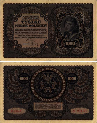 ПОЛЬША 1000 МАРОК 1919 23 АВГУСТА 1919, ТРЕТИЙ ВЫПУСК, ПОРТРЕТ КОСТЮШКО Pick 29 бумага XF 8607-37-1