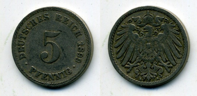 ГЕРМАНИЯ 5 ПФЕННИГОВ 1899 A, KM 11, J. 12 медно-никель 58-353