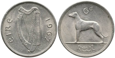 ИРЛАНДИЯ 6 ПЕНСОВ 1967 ИРЛАНДСКИЙ ВОЛКОДАВ KM 13а медно-никель 4525-1142