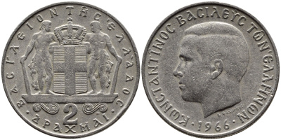 Греция 2 драхмы 1966 Константин II (1966-1973) KM 90 медно-никель 4390-244