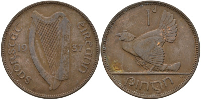 Ирландия 1 пенни 1937 курица с цыплятами KM 3 бронза 4144-1134