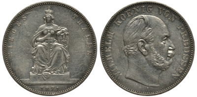 Пруссия 1 талер 1871 A, Вильгельм I (1861-1888), победа над Францией КМ 500, AKS 118, Th. 272 серебро 3711-243